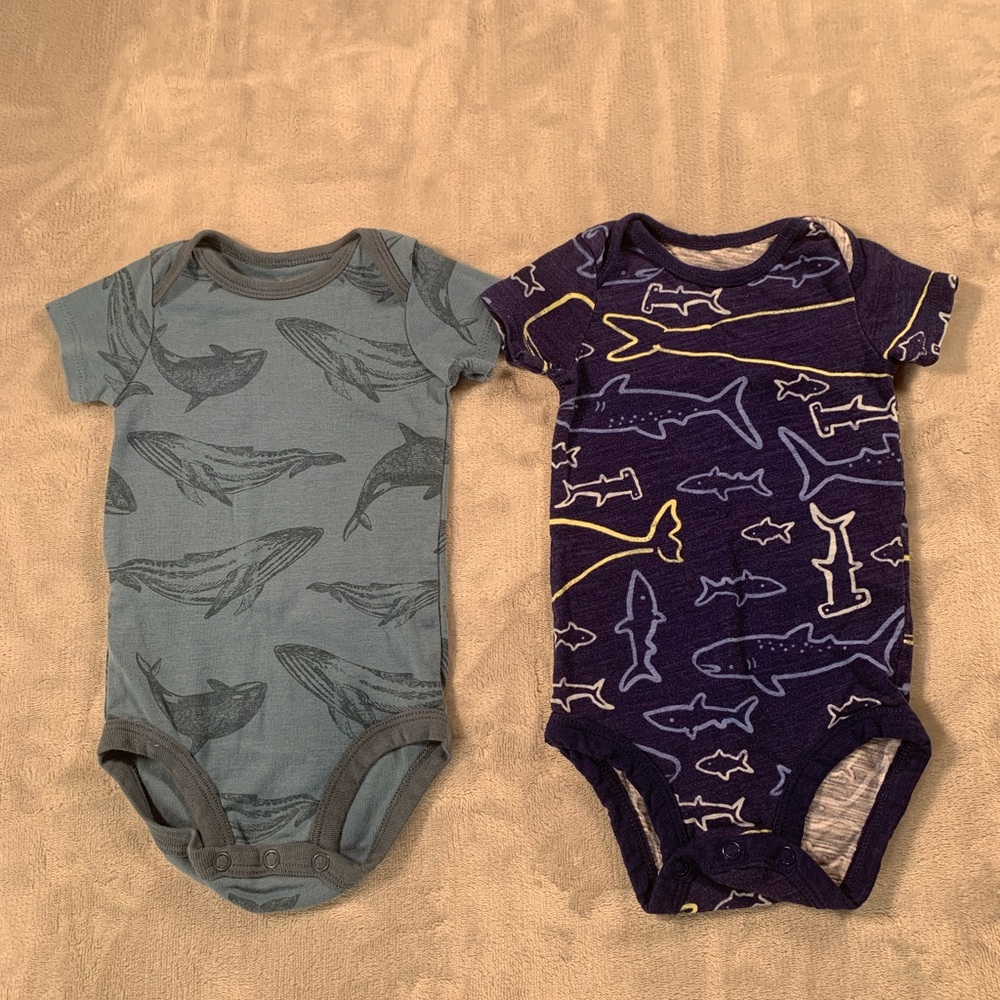 Blue and Purple Whale and Shark Print Kids One Pieces